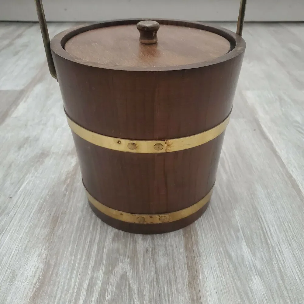 Vintage Ice Bucket Wood Brass Barrel Shape Barware Rustic Decor